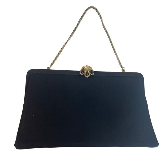 La France Women's Black Rhinestone Snap Closure Evening Clutch Gold Tone Sz S - Picture 1 of 10